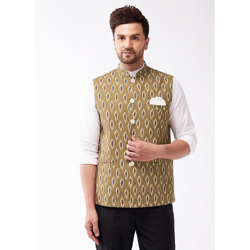 Green Cotton Printed Nehru Jacket - JD986584774