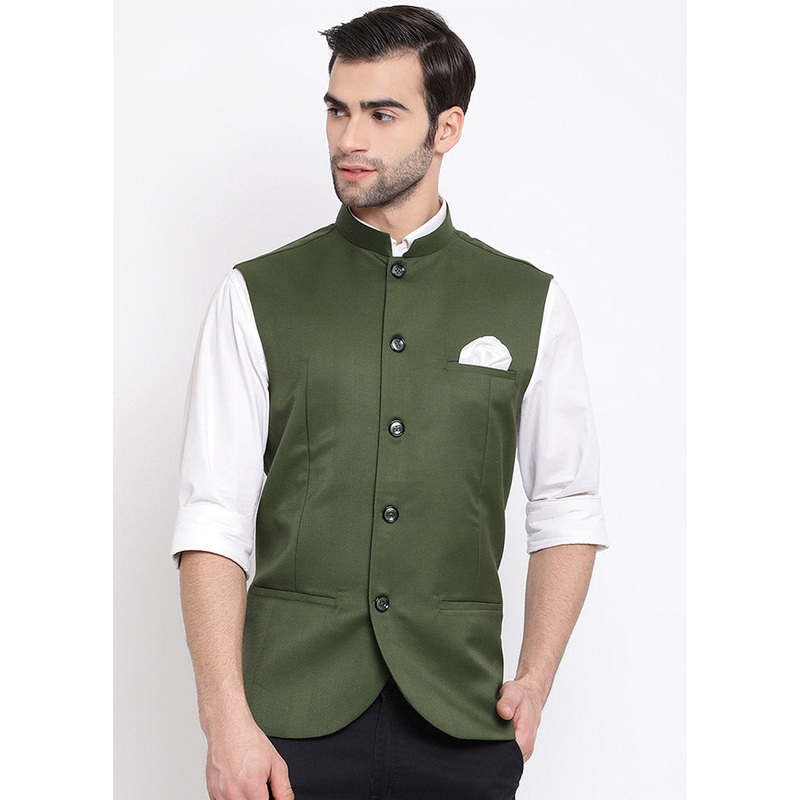 Green Cotton Solid Nehru Jacket - JD986584782