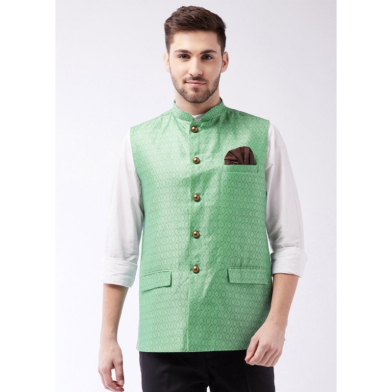 Green Dupion Silk Printed Nehru Jacket - JD986584773