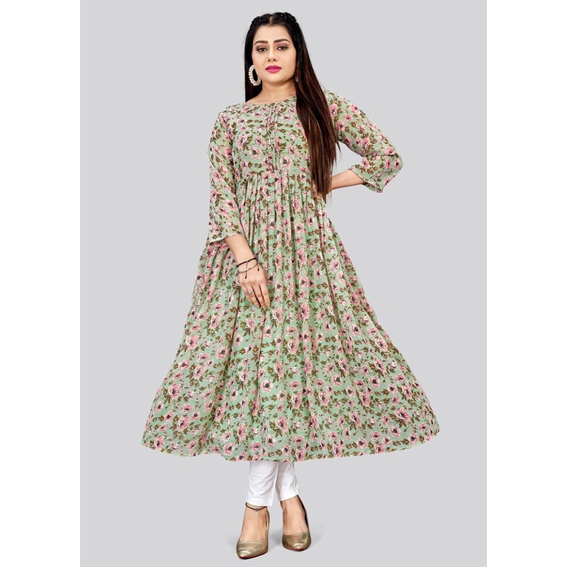 Green Readymade Cotton Long Kurti - JD986584648
