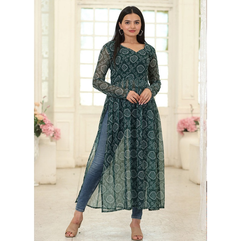 Green Readymade Georgette Long Kurti - JD986584641