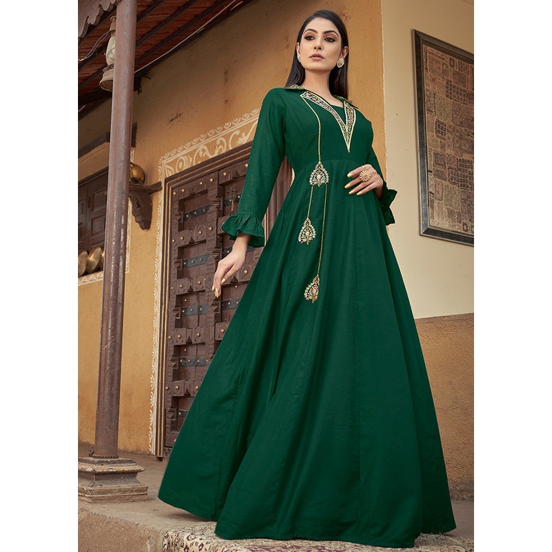Green Readymade Silk Gown - JD986584624