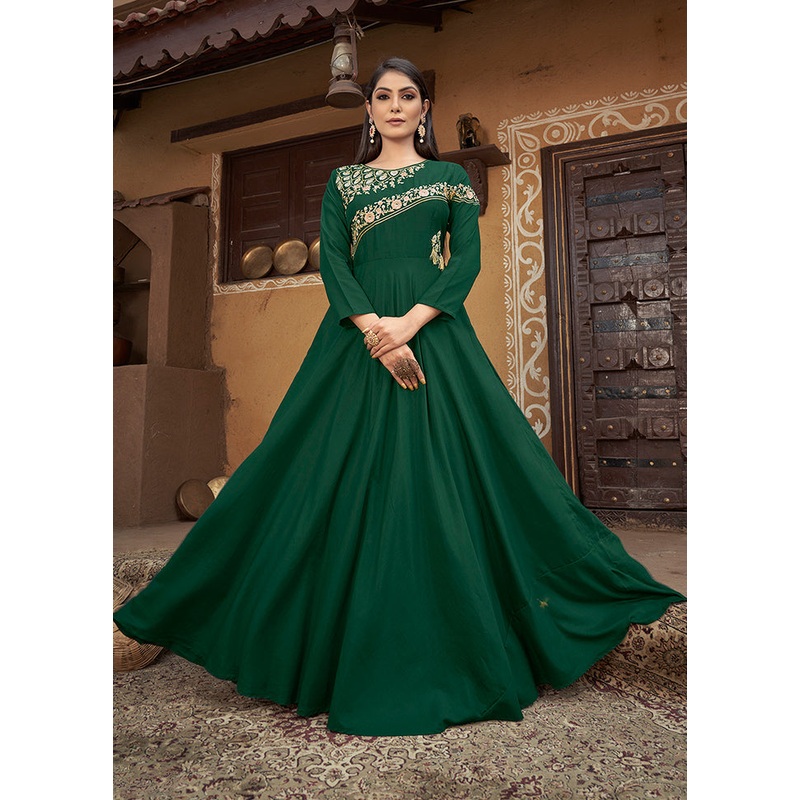 Green Readymade Silk Gown - JD986584625