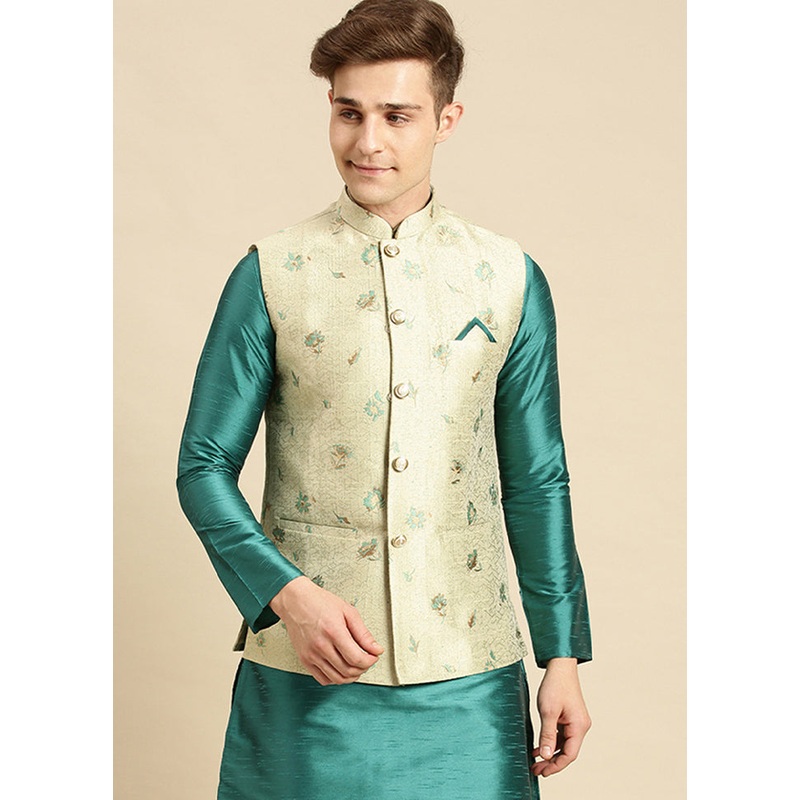 Green Silk Printed Ethnic Jacket - JD986584724