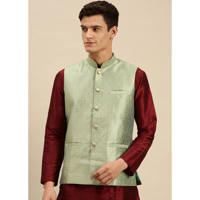 Green Silk Printed Ethnic Jacket - JD986584732