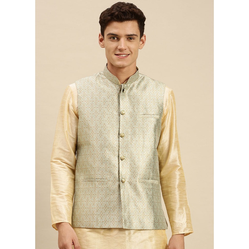 Green Silk Printed Ethnic Jacket - JD986584733