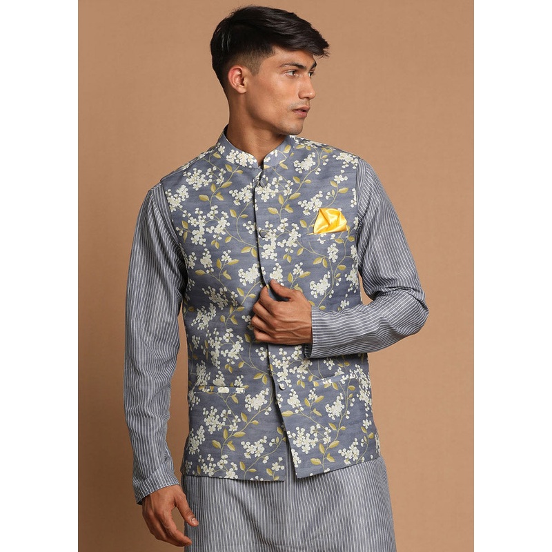 Grey Cotton Printed Nehru Jacket - JD986584775