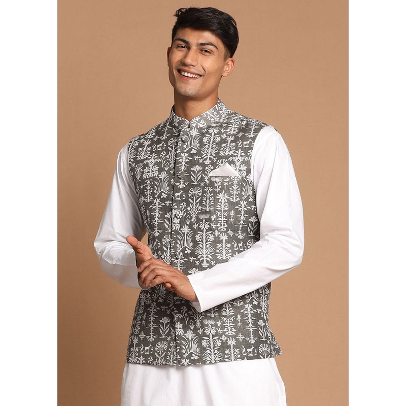Grey Cotton Printed Nehru Jacket - JD986584786