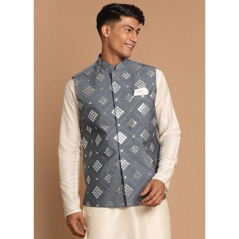 Grey Dupion Silk Printed Nehru Jacket - JD986584787