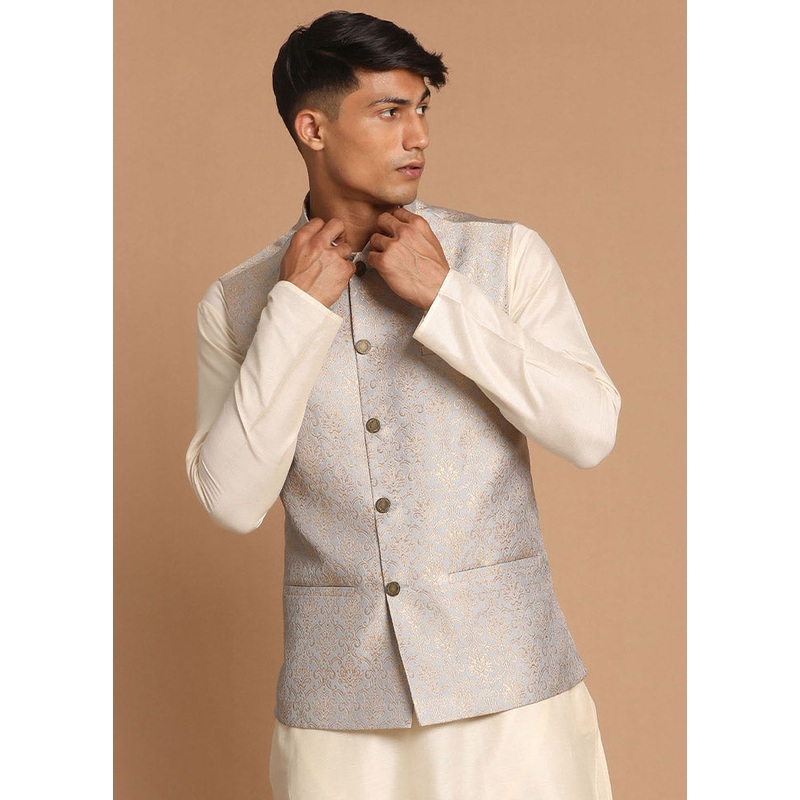 Grey Dupion Silk Printed Nehru Jacket - JD986584794
