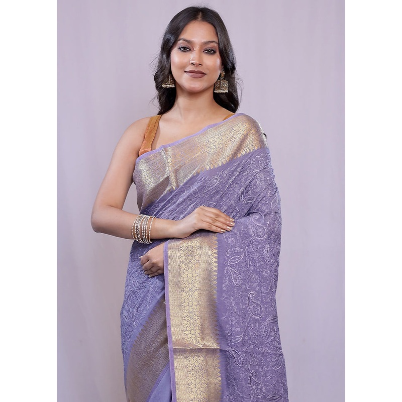 Grey Dupion Silk Saree With Blouse Piece - JD986584712