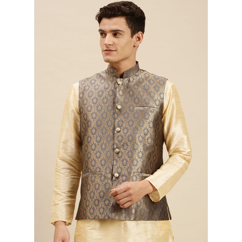 Grey Silk Printed Ethnic Jacket - JD986584725