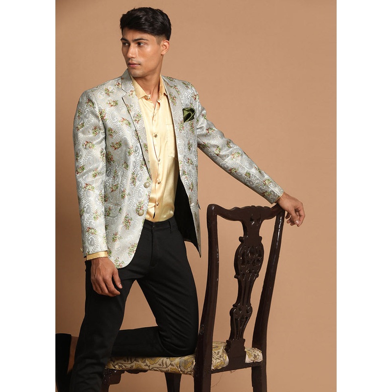 Greyish Blue Dupion Silk Printed Blazer - JD986584751