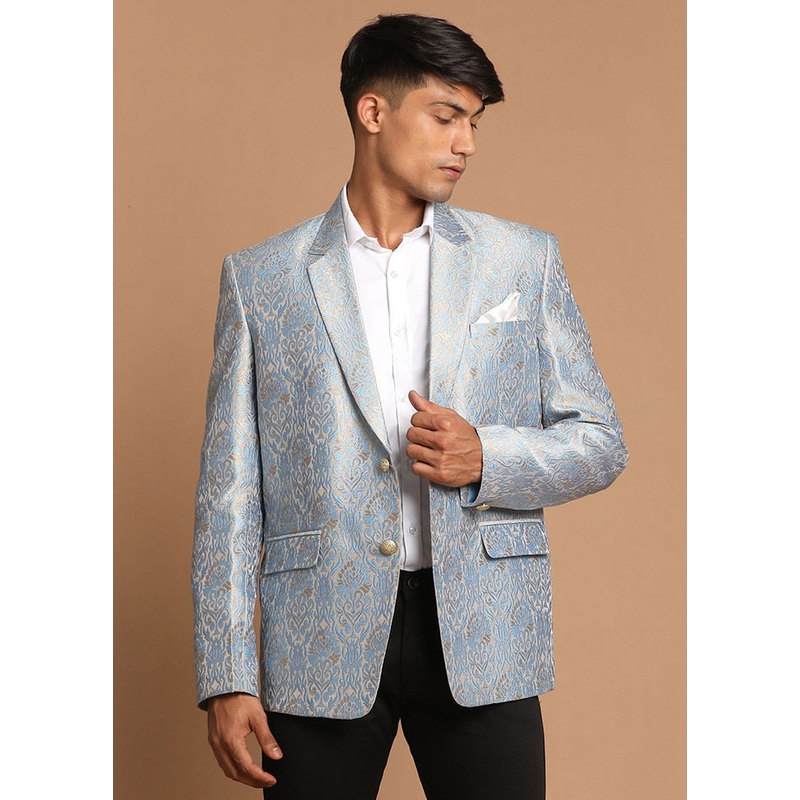 Greyish Blue Dupion Silk Printed Blazer - JD986584754