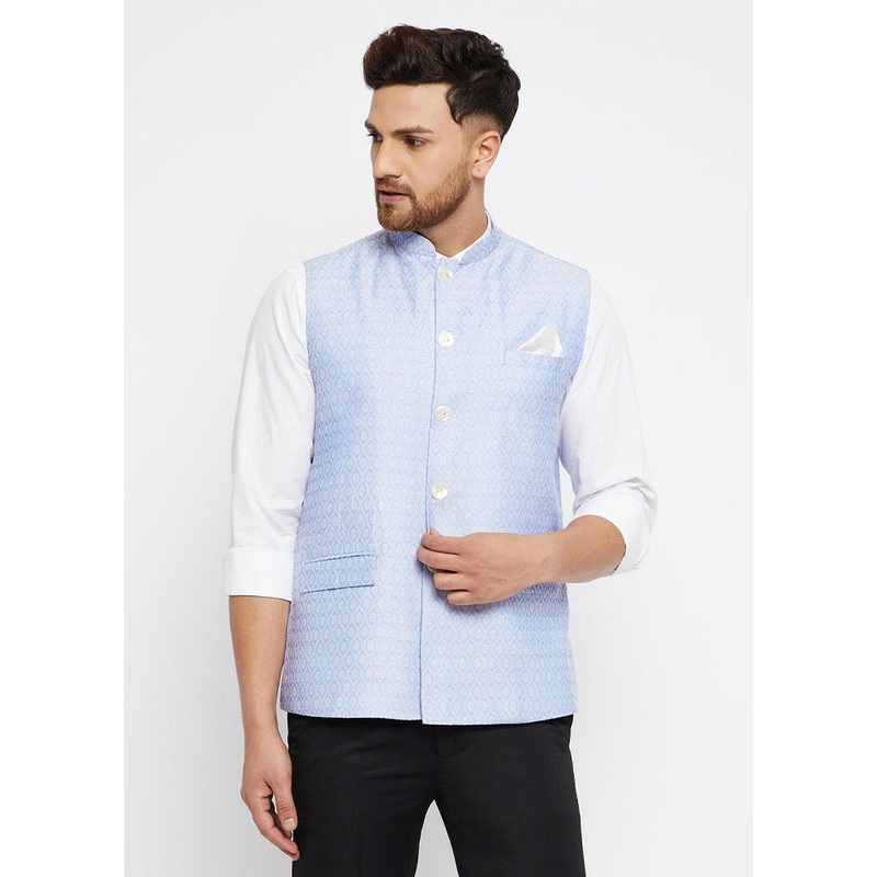 Light Blue Dupion Silk Printed Nehru Jacket - JD986584769