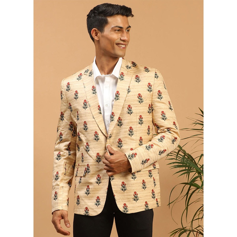 Light Brown Dupion Silk Printed Blazer - JD986584759