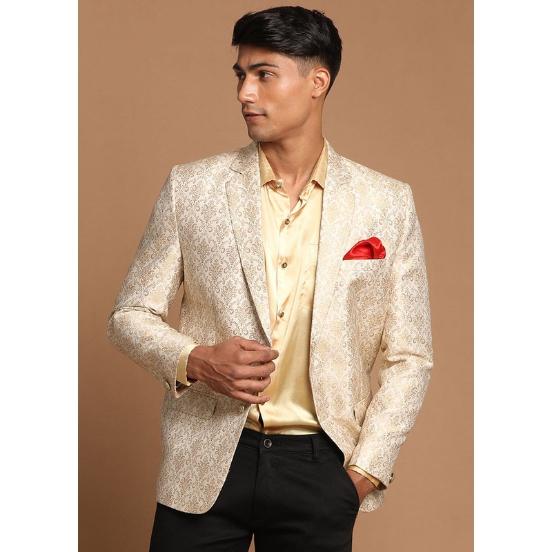 Light Yellow Dupion Silk Printed Blazer - JD986584750