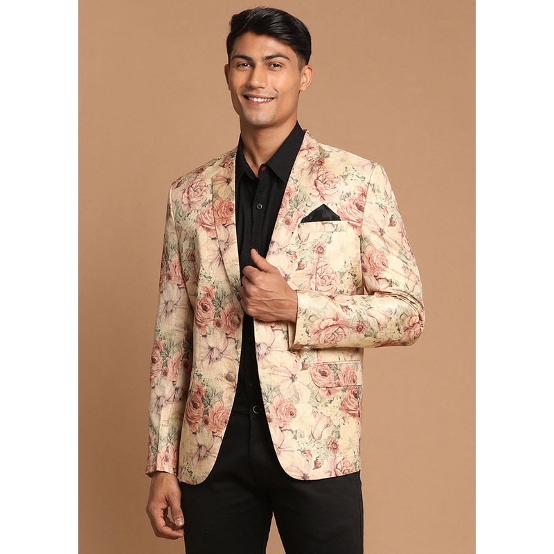 Light Yellow Dupion Silk Printed Blazer - JD986584758