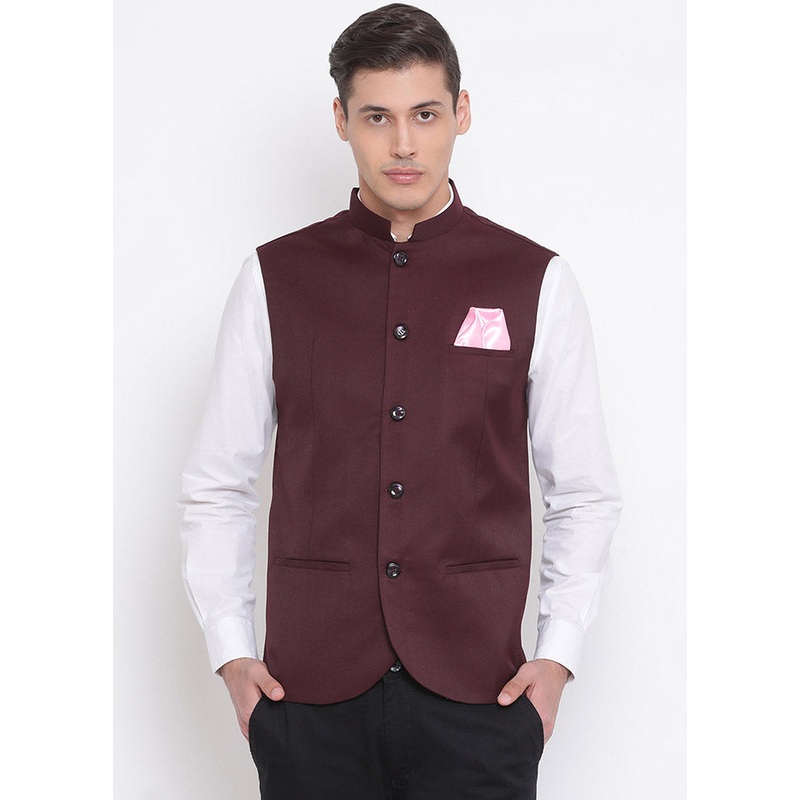Maroon Cotton Solid Nehru Jacket - JD986584779