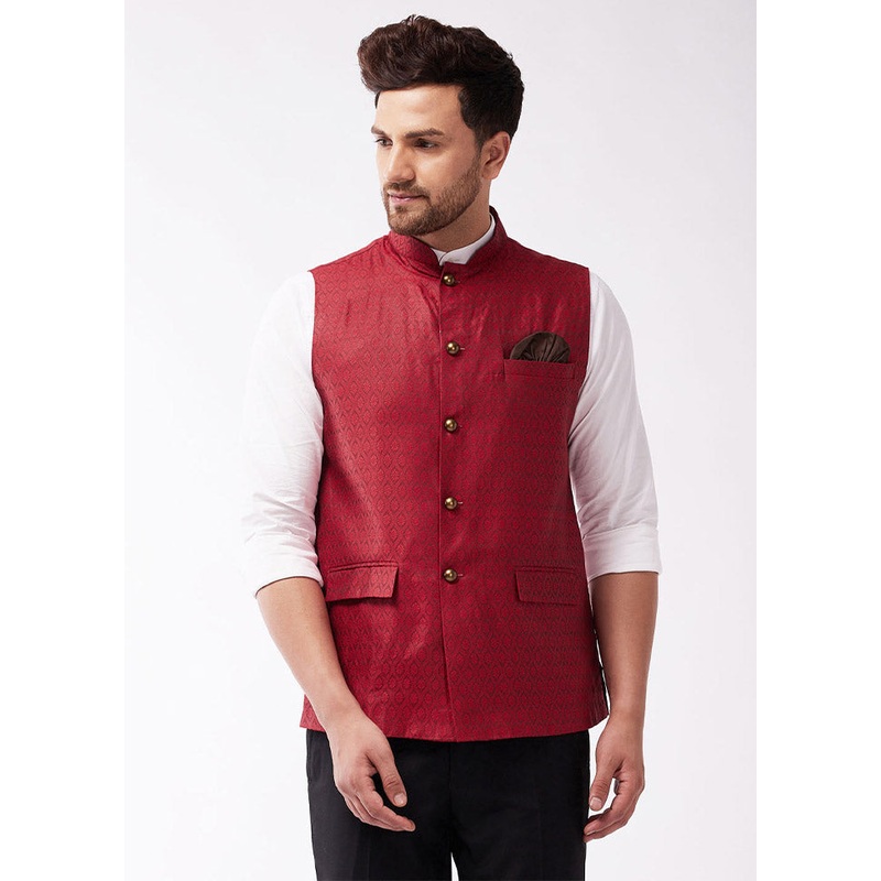 Maroon Dupion Silk Printed Nehru Jacket - JD986584770