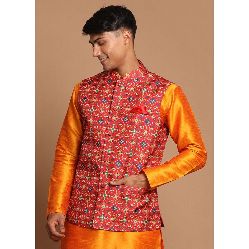Maroon Dupion Silk Printed Nehru Jacket - JD986584784