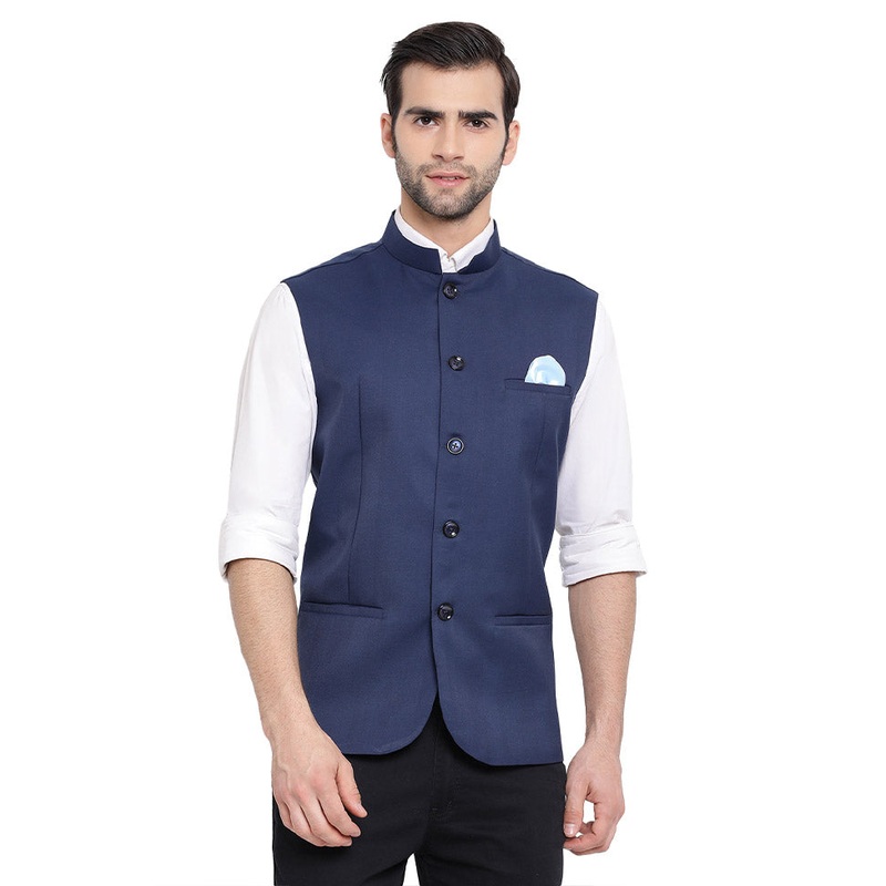 Navy Blue Cotton Solid Nehru Jacket - JD986584778