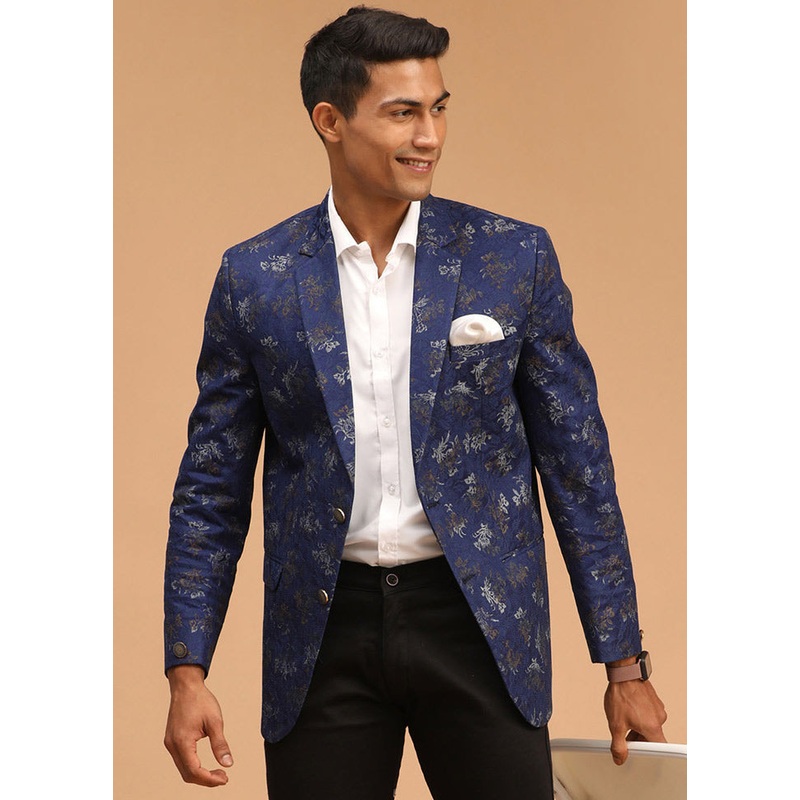Navy Blue Dupion Silk Printed Blazer - JD986584752