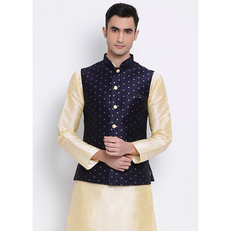Navy Blue Polka Dots Silk Jacket - JD986584717