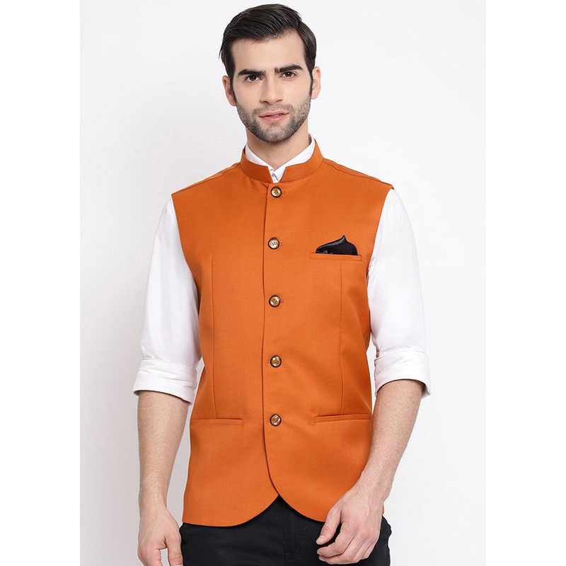 Orange Cotton Solid Nehru Jacket - JD986584780