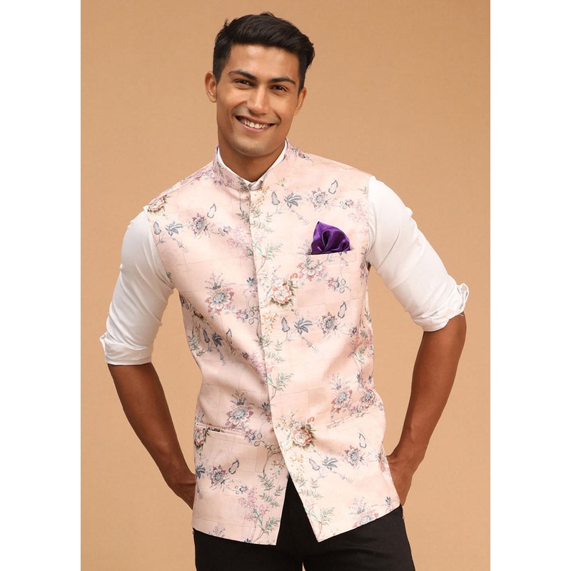 Peach Cotton Printed Nehru Jacket - JD986584796