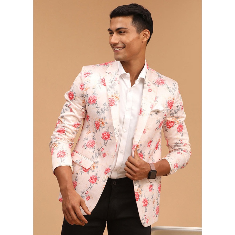Peach Dupion Silk Printed Blazer - JD986584753