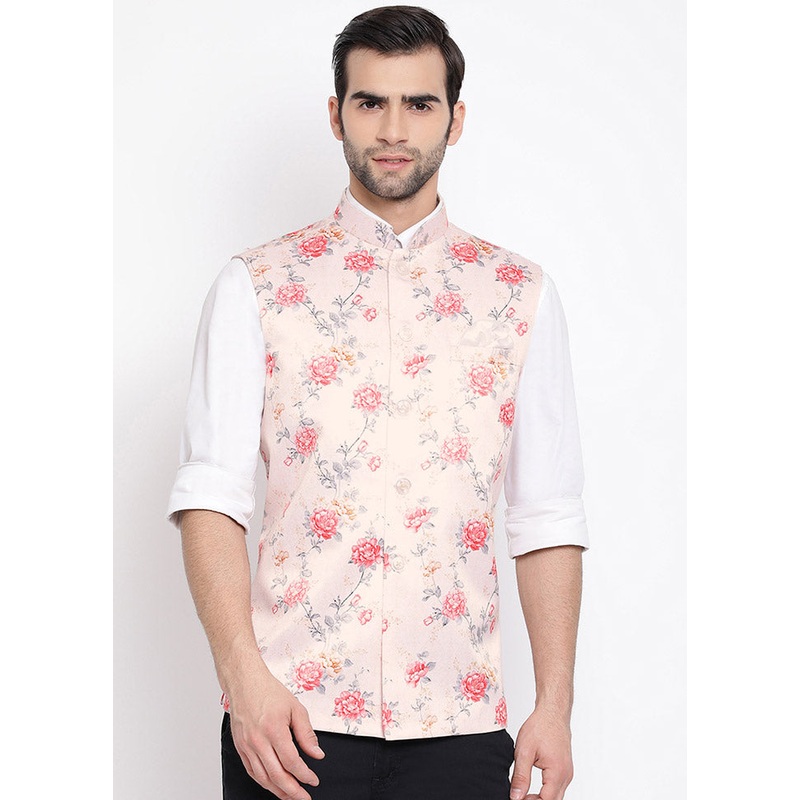 Peach Dupion Silk Printed Nehru Jacket - JD986584768