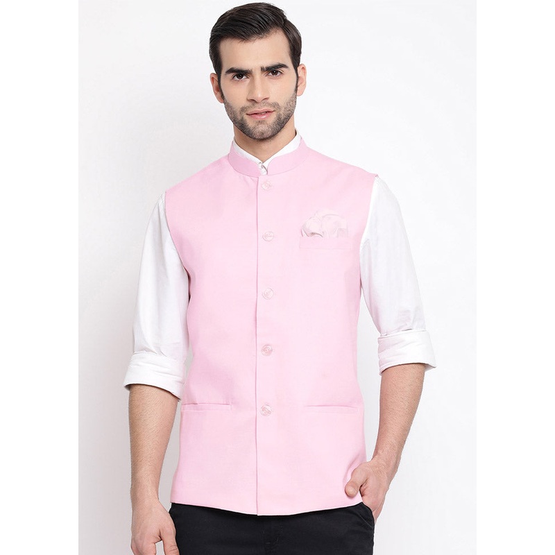 Pink Cotton Solid Nehru Jacket - JD986584762