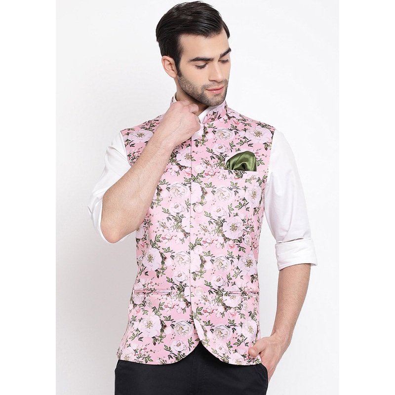 Pink Dupion Silk Printed Nehru Jacket - JD986584767