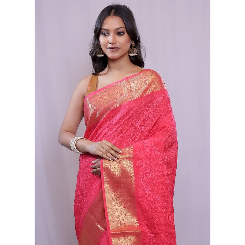 Pink Dupion Silk Saree With Blouse Piece - JD986584711