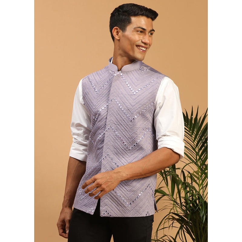 Purple Silk Nehru Jacket - JD986584742