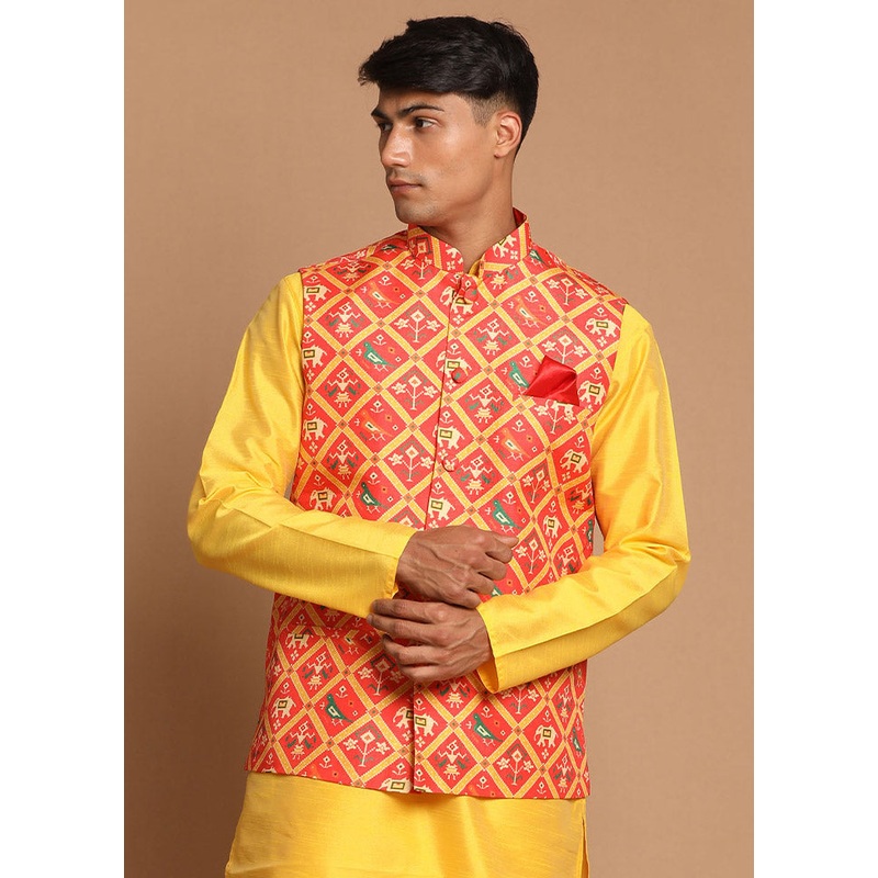 Red Dupion Silk Printed Nehru Jacket - JD986584785