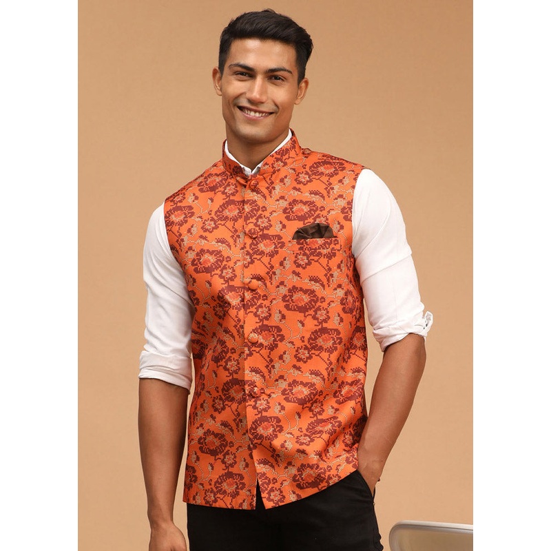 Rust Cotton Printed Nehru Jacket - JD986584789