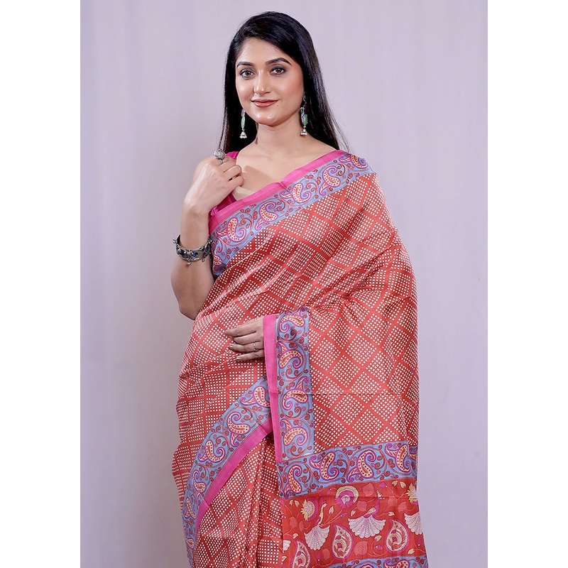 Rust Printed Pure Silk Saree Without Blouse Piece - JD986584704