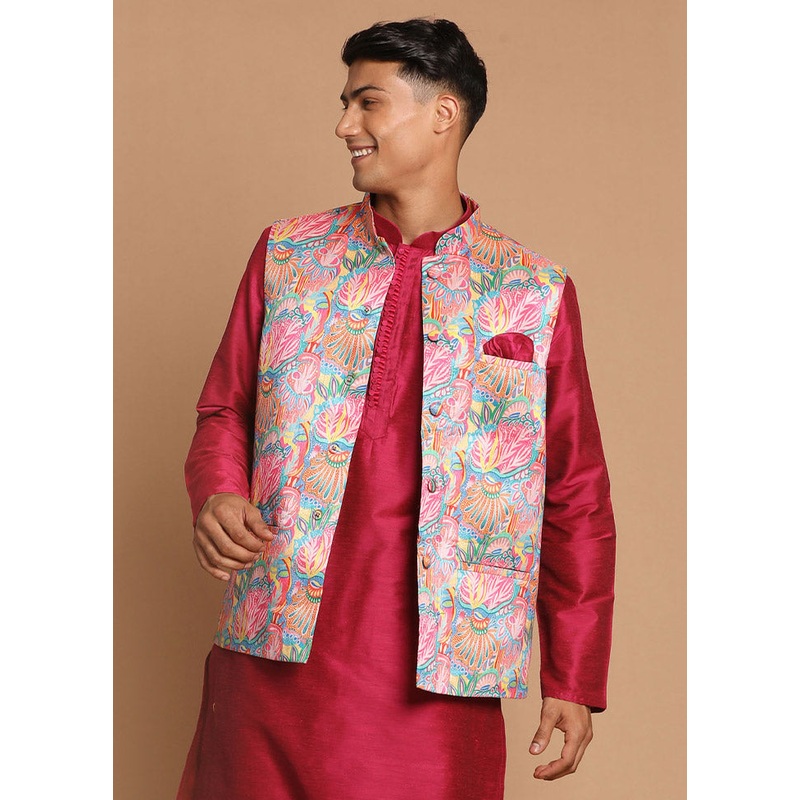 Sky Blue Dupion Silk Printed Nehru Jacket - JD986584797