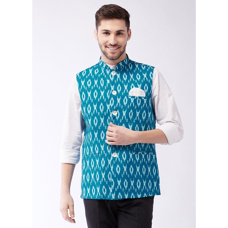 Turquoise Cotton Printed Nehru Jacket - JD986584792