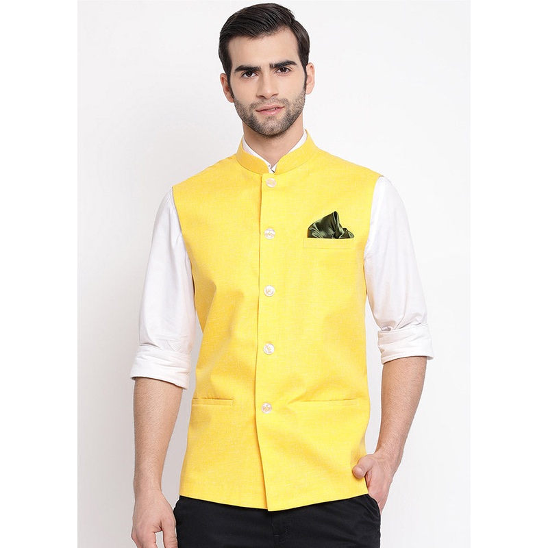 Yellow Cotton Solid Nehru Jacket - JD986584761