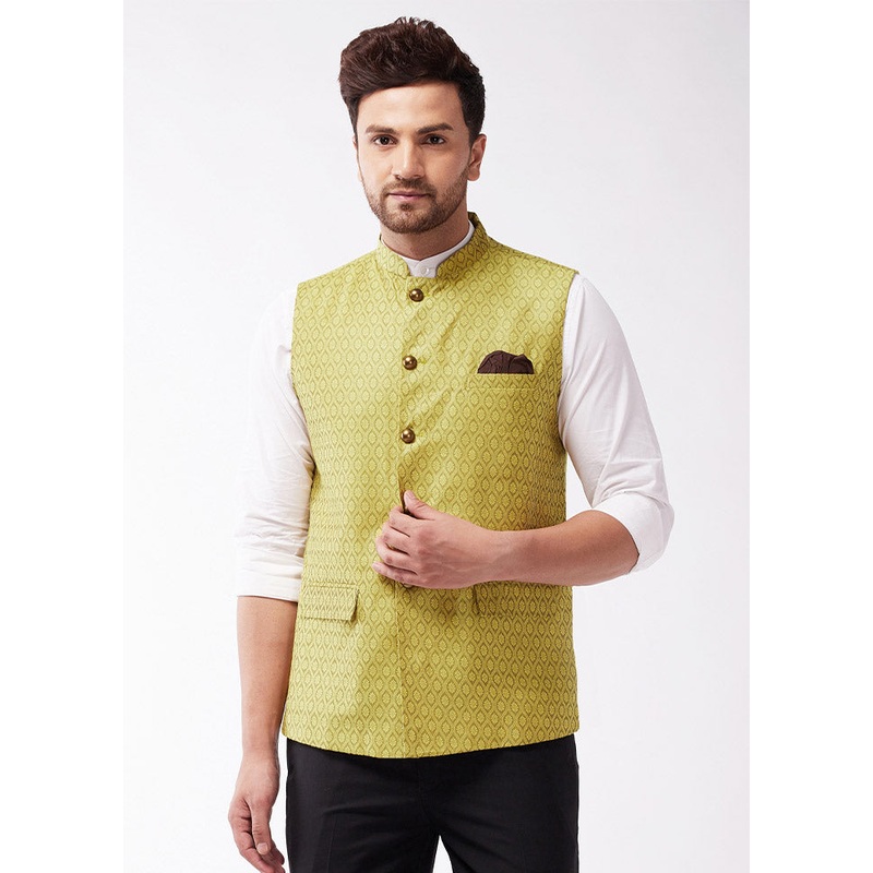 Yellow Dupion Silk Printed Nehru Jacket - JD986584771