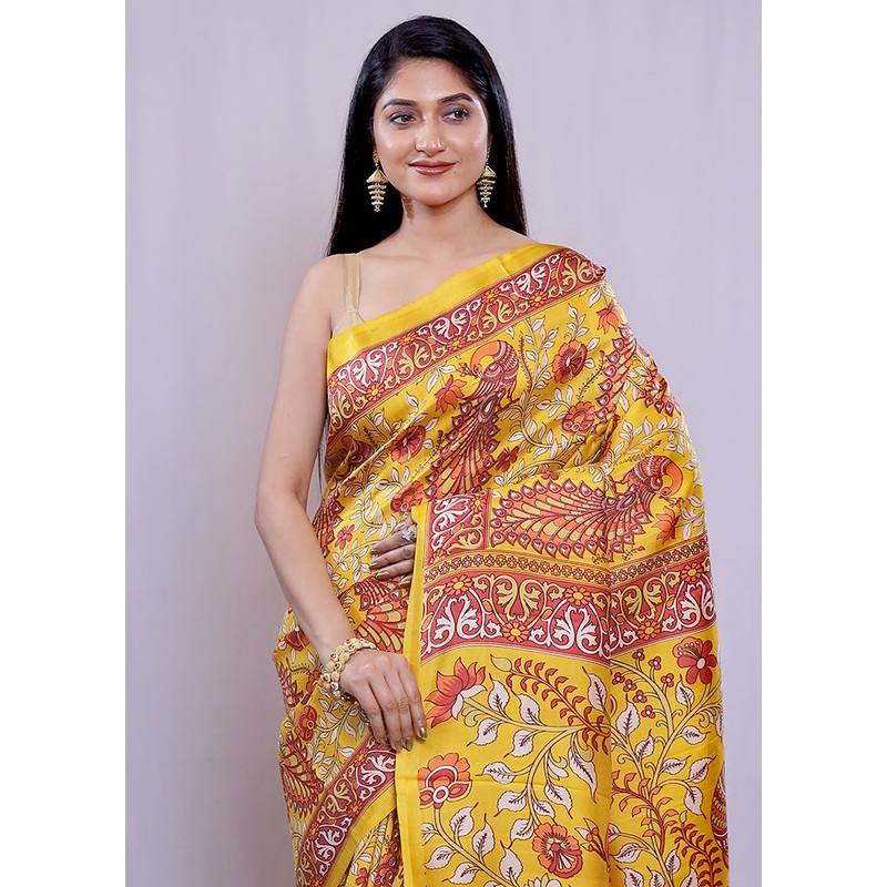 Yellow Printed Pure Silk Saree Without Blouse Piece - JD986584703