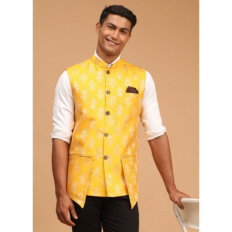 Yellow Silk Nehru Jacket - JD986584737
