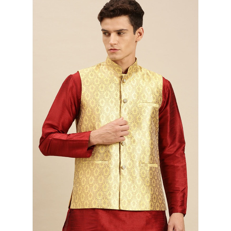 Yellow Silk Printed Ethnic Jacket - JD986584730