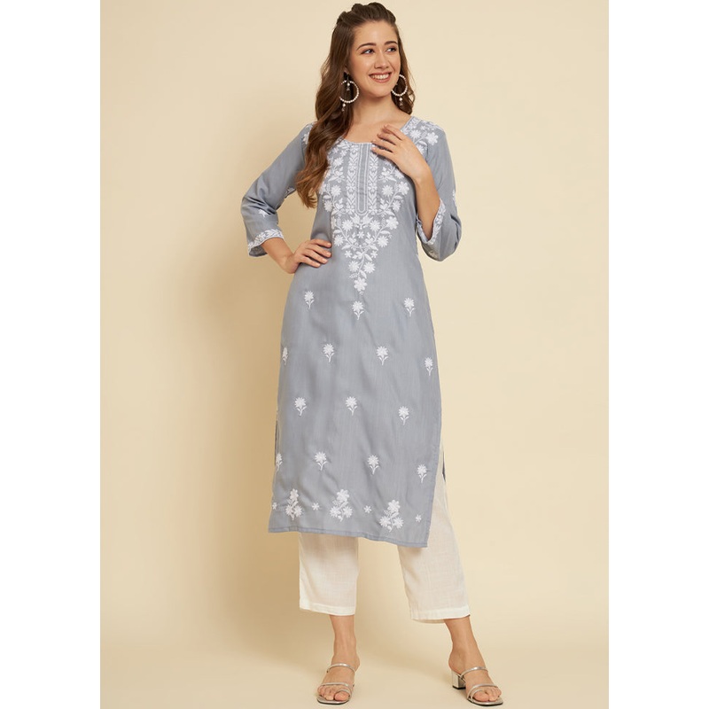 Grey Readymade Cotton Long Kurti - JD986584612