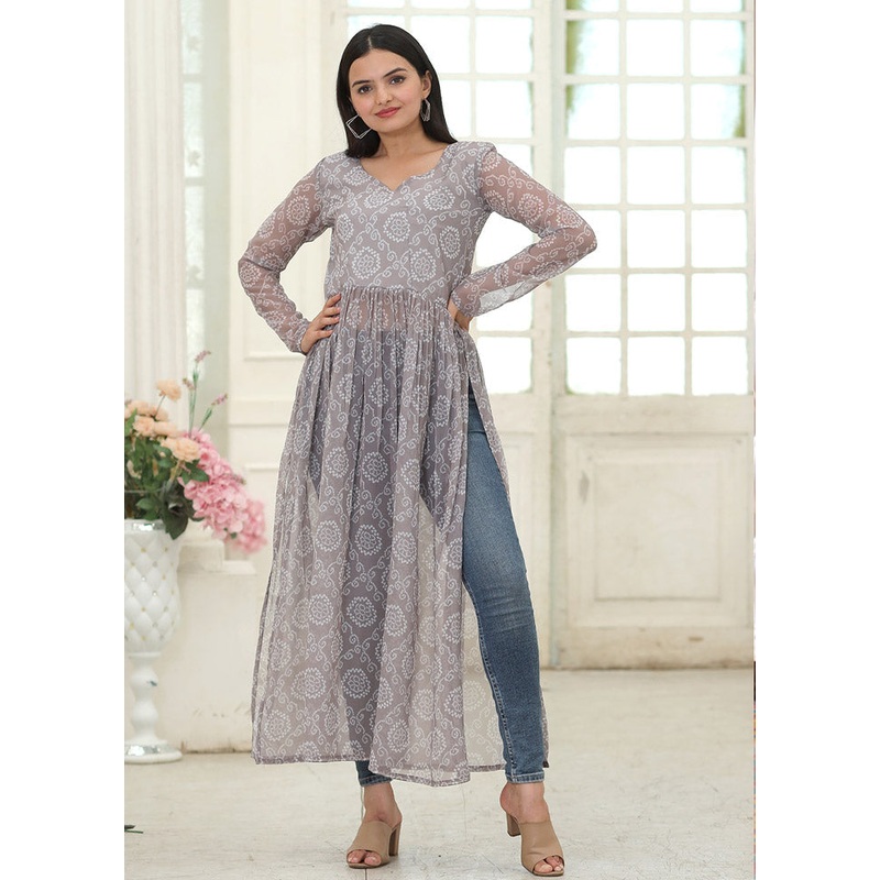 Grey Readymade Georgette Long Kurti - JD986584608