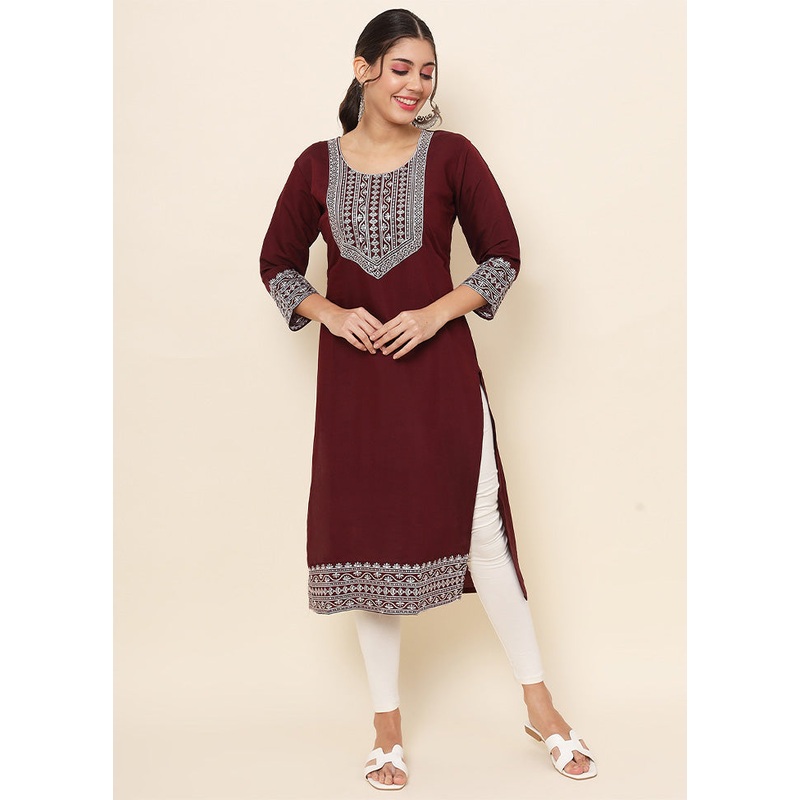 Maroon Readymade Cotton Kurti - JD986584589