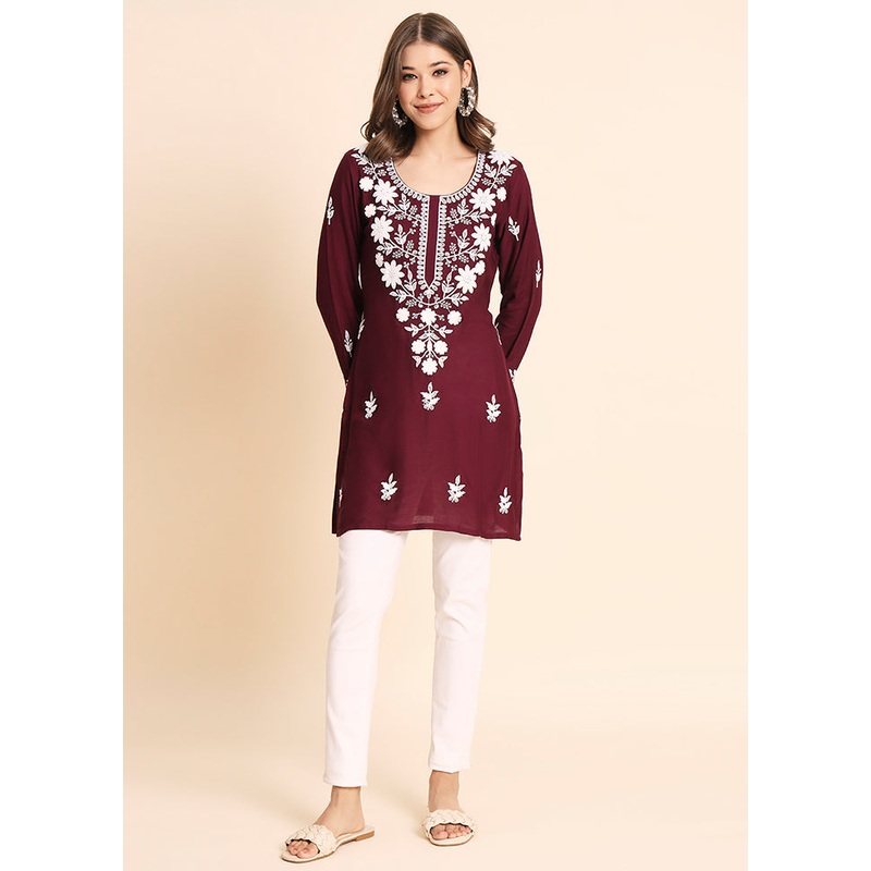 Maroon Readymade Rayon Kurti - JD986584583